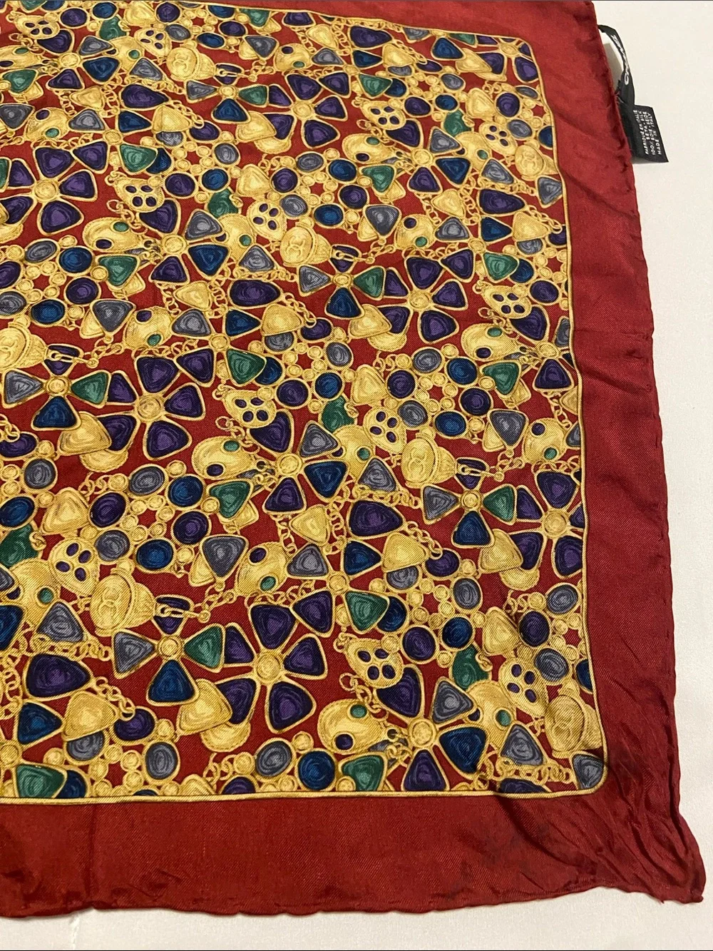Chanel Silk Square Scarf with Jewel Motif - Red, Gold, Blue, Green